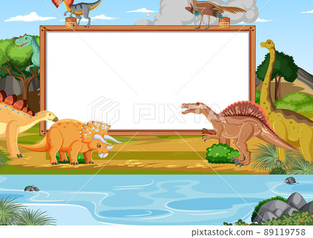 Nature scene with trees on mountains with sign board and dinosaur 89119758