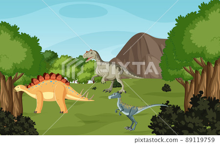 Nature scene with trees on mountains with dinosaur Nature scene with trees on mountains with dinosaur 89119759