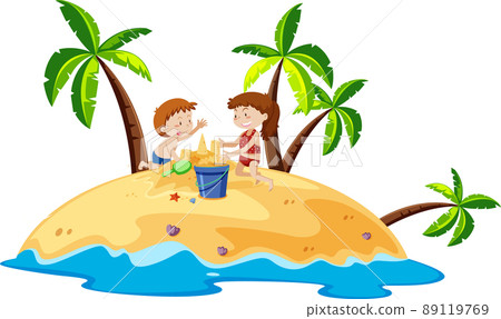 Kids building sand castle on the island Kids building sand castle on the island 89119769
