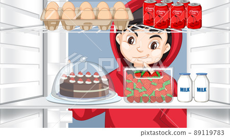 Boy looking at food in fridge 89119783