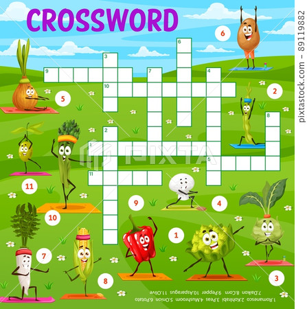 Cartoon vegetables on yoga, crossword puzzle game grid, vector find a word quiz worksheet. Kids cross word game with corn, asparagus and potato on fitness sport, yoga or pilates, funny characters 89119882
