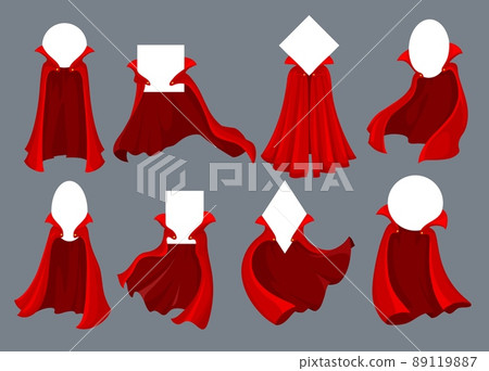 Hero and super hero, wizard and magician red capes and cloaks with collars and gold buttons. Vector cartoon mantles with flying flaps in the wind and blank white signs, isolated superhero costumes 89119887