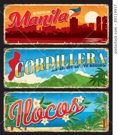 Manila, Cordillera and Ilocos, provinces of Philippines, vector travel plates and stickers. Philippines regions tin signs with landmarks, flags, maps and slogans for luggage tags Manila, Cordillera and Ilocos, provinces of Philippines, vector travel plates and stickers. Philippines regions tin signs with landmarks, flags, maps and slogans for luggage tags 89119917