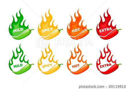 Hot spicy level labels, fire flames and red peppers symbols of mild, medium and extra hot, vector scale. Spicy food taste level icons with burning flame of chili pepper, jalapeno or Tabasco sauce Hot spicy level labels, fire flames and red peppers symbols of mild, medium and extra hot, vector scale. Spicy food taste level icons with burning flame of chili pepper, jalapeno or Tabasco sauce 89119918