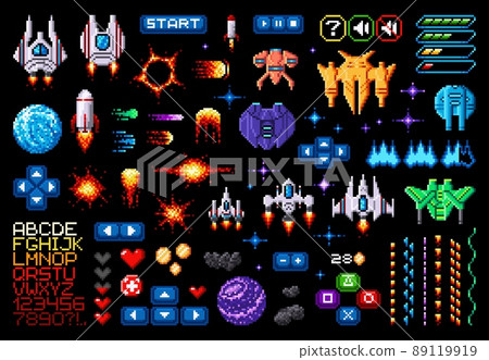 Space game asset 8bit pixel art galaxy planets, rockets, starcraft, font and pixelated game interface buttons. Vintage vector shuttles, fire, explosion, menu elements, heart, arrows, comets or meteors Space game asset 8bit pixel art galaxy planets, rockets, starcraft, font and pixelated game interface buttons. Vintage vector shuttles, fire, explosion, menu elements, heart, arrows, comets or meteors 89119919