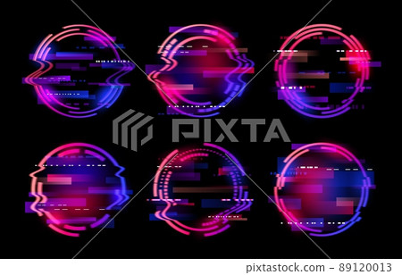 Abstract neon circle rings or glitch frames, futuristic technology vector background. Glitch light effect in round neon circles, digital distortion and TV signal error on screen display 89120013