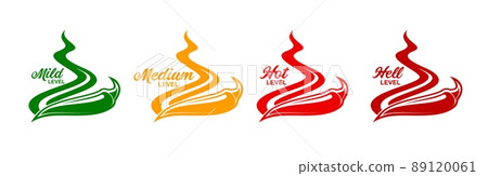 Spicy level labels and icons of pepper and fire flames, vector spicy flavor scale. Green mild, yellow medium and red extra hot symbols of chili or jalapeno pepper and Tabasco sauce Spicy level labels and icons of pepper and fire flames, vector spicy flavor scale. Green mild, yellow medium and red extra hot symbols of chili or jalapeno pepper and Tabasco sauce 89120061