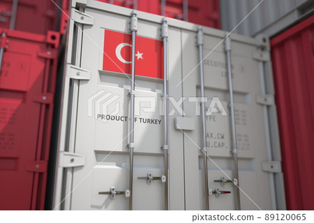 Goods from Turkey in cargo container and printed national flag. Business related 3D rendering Goods from Turkey in cargo container and printed national flag. Business related 3D rendering 89120065