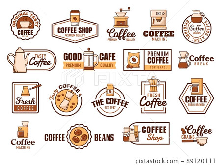 Coffee cups line icons, coffee machine and pack, mug and french press, vector symbols. Coffee espresso, cappuccino and Americano linear icons for cafe or cafeteria and coffee shop or house 89120111