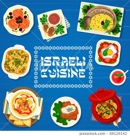 Israeli cuisine menu cover, Israel traditional food and Jewish dishes, vector. Israeli cuisine restaurant food, hummus with shakshuka, forshmak and matzah with gefilte fish and strawberry limonana Israeli cuisine menu cover, Israel traditional food and Jewish dishes, vector. Israeli cuisine restaurant food, hummus with shakshuka, forshmak and matzah with gefilte fish and strawberry limonana 89120142