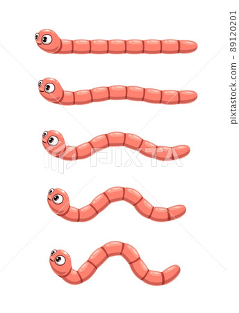 Animated cartoon worm. Animation of crawl earthworm, vector personage of video game. Sprite asset of cute pink worm animal character with funny face and smile 89120201