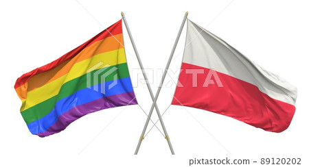 Flags of Poland and LGBTQ on white background. 3D rendering Flags of Poland and LGBTQ on white background. 3D rendering 89120202