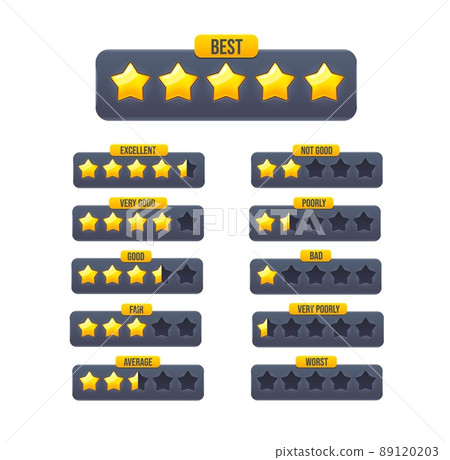 Five golden star review rate, graduation of customer feedback evaluation. Vector gold star rating of service and product quality with ranks from worst to best, customer feedback ranking bars Five golden star review rate, graduation of customer feedback evaluation. Vector gold star rating of service and product quality with ranks from worst to best, customer feedback ranking bars 89120203