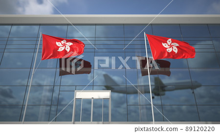 Landing airliner and flags of Hong Kong in the airport terminal. 3D rendering 89120220