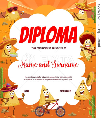 Kids diploma with mexican nachos characters. Vector education school or kindergarten certificate with funny tex mex mariachi artists, bicycle rider cartoon personages at desert landscape, award frame 89120223