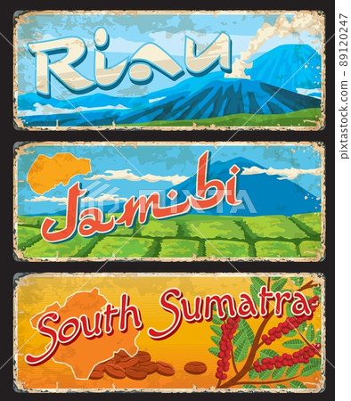 Riau, Jambi and South Sumatra indonesian regions vintage plates and travel stickers. Asian travel destination retro banner or Indonesia province vintage vector tin sign with volcano, coffee plantation 89120247