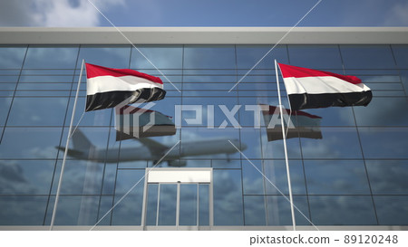 Landing airliner and flags of Yemen in the airport terminal. 3D rendering 89120248