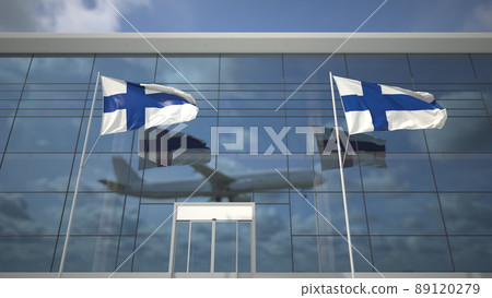 Flags of Finland in the airport and landing commercial plane. 3D rendering Flags of Finland in the airport and landing commercial plane. 3D rendering 89120279