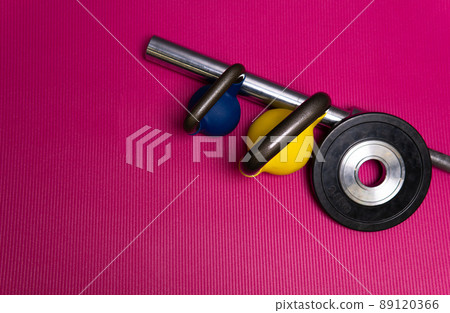 Rod yellow sport weight red blue green steel barbell, from training dumbbell for healthy for room towel, view lifting. Nobody floor club, black 89120366