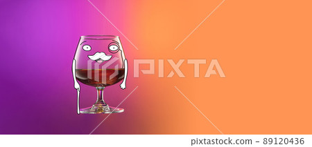 Creative collage with cognac ballon, glass with drawings isolated over gradient purple and orange color background in neon. Concept of alcohol, holidays, 89120436