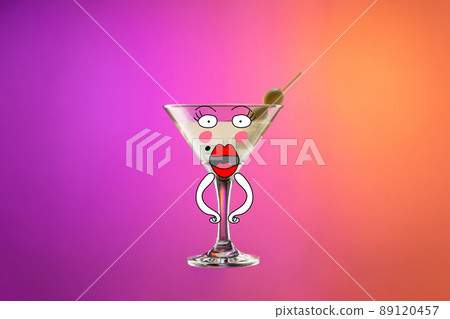 Cocktail glass with dry martini with olives isolated over gradient purple and orange color background in neon. Creative artwork. Collage Cocktail glass with dry martini with olives isolated over gradient purple and orange color background in neon. Creative artwork. Collage 89120457