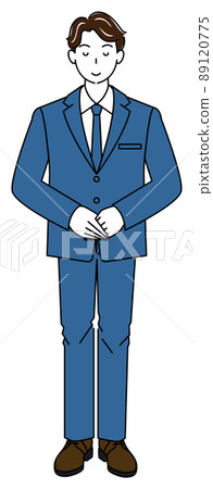 Illustration of a cute man in a suit bowing a little and bowing with his right hand up Illustration of a cute man in a suit bowing a little and bowing with his right hand up 89120775