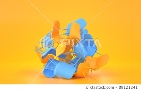 Pile of colorful chairs on orange background, 3d render. Furniture store sale. Stack overturned yellow and blue office plastic seat. Concept of financial problems, business debt, bankruptcy 89121241