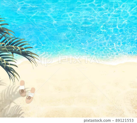 從上面看到的夏日沙灘和翡翠綠海的沙灘上有涼鞋和棕櫚樹的美麗背景材料 89121553
