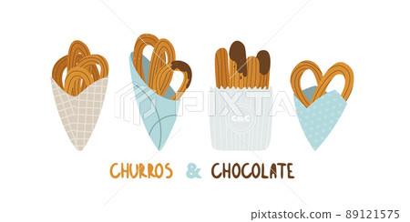 Logo for churreria. Churros and chocolate. Spanish traditional pastries for breakfast. Set of vector illustration for design and handwritten text. 89121575