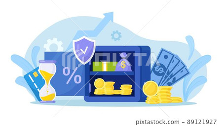 Opened safe box with stack of coins, money, hourglass, shield. Bank vault security, deposit storage, cash safety safebox. Savings protection 89121927