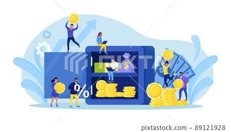 Open safe with dollar banknotes, coins in secure deposit box. Business people investing money on bank account. Cash protection, savings in moneybox. Financial saving insurance concept 89121928