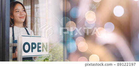 Female owner of coffee shop opening the service after lockdown quarantine Female owner of coffee shop opening the service after lockdown quarantine 89122197