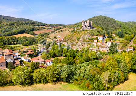 Aerial view of the ruins of Domeyrat Castle in Auvergne, France 89122354