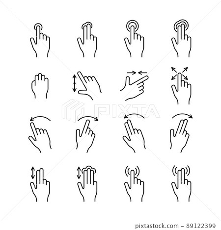 Gesture Sign Black Thin Line Icon Set. Vector illustration of Swipe Gestures Touches Icons Gesture Sign Black Thin Line Icon Set. Vector illustration of Swipe Gestures Touches Icons 89122399