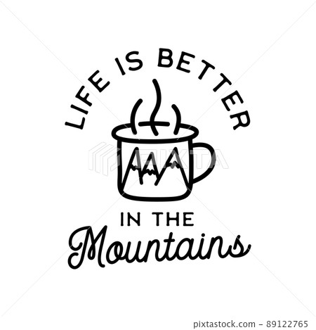 Outline logo of coffee cup with mountains picture and text Outline logo of coffee cup with mountains picture and text 89122765