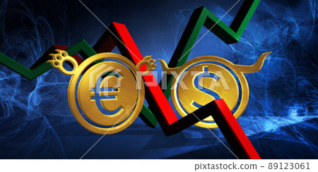 bullish usd to bearish eur currency. foreign exchange market 3d illustration of united states dollar to euro. money represented  as golden coins 89123061