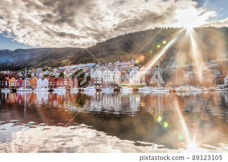 Famous Bryggen street against sunset in Bergen, UNESCO World Heritage Site, Norway Famous Bryggen street against sunset in Bergen, UNESCO World Heritage Site, Norway 89123105