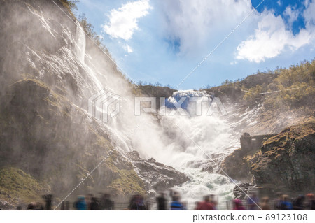 Kjosfossen waterfall close the train journey Flamsbana between Flam and Myrdal in Aurland in Western Norway 89123108