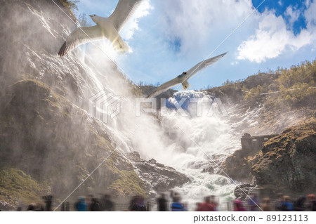 Kjosfossen waterfall close the train journey Flamsbana between Flam and Myrdal in Aurland in Western Norway 89123113