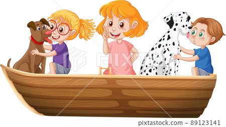 Christmas Boy and girl standing with dog on a boat on a white background Christmas Boy and girl standing with dog on a boat on a white background 89123141