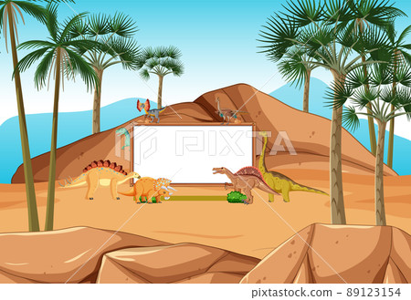 Scene with dinosaurs and whiteboard in the forest 89123154