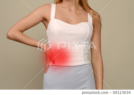 A young woman is experiencing pain in the abdomen on the right side. A young woman is experiencing pain in the abdomen on the right side. 89123634