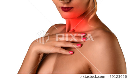 Sick woman suffer from sore throat touch enlarged lymph nodes staying home on sick leave. Unhappy young female with coronavirus disease, angina or pharyngitis illness symptoms. Girl feeling discomfort Sick woman suffer from sore throat touch enlarged lymph nodes staying home on sick leave. Unhappy young female with coronavirus disease, angina or pharyngitis illness symptoms. Girl feeling discomfort 89123636