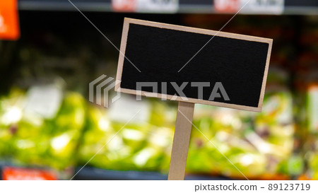 Blank Black billboard against groceries shop Empty mockup template Blackboard label at shopping mall store. Shopping center. Department store. Shopping online Mindful spending 89123719