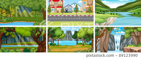 Nature scene with many trees and river 89123990