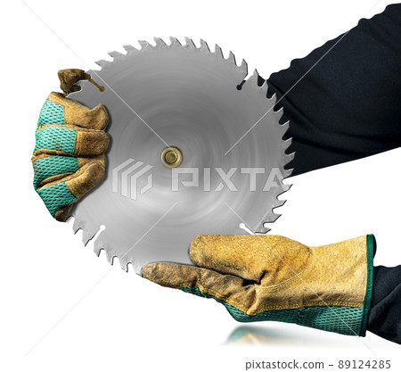 Gloved Hands Holding a Metal Circular Saw Blade Isolated on White Background Gloved Hands Holding a Metal Circular Saw Blade Isolated on White Background 89124285