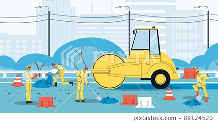 Worker engineer at road construction and repair site 89124520