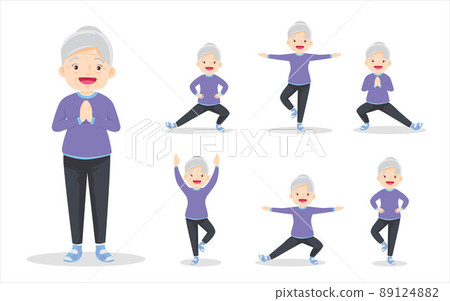 bundle set of smart elderly woman exercise various actions bundle set of smart elderly woman exercise various actions 89124882