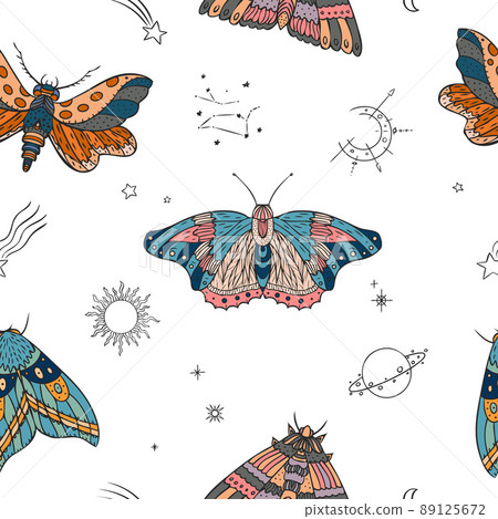 Night moth, symbols of the sky, sun and moon vector seamless pattern. 89125672