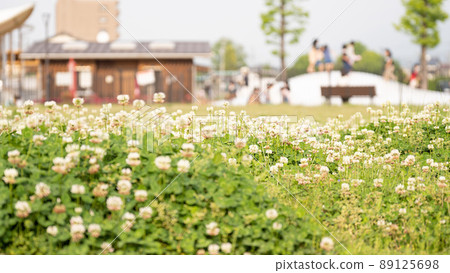 A park with a flower field where children play 89125698